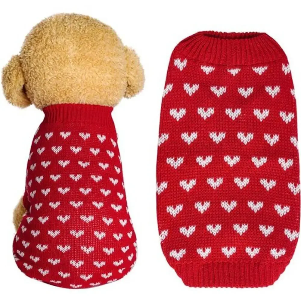 Red Dog & Cat Sweater Knitted Heart Puppy Pullover Warm Soft Holidays Clothes